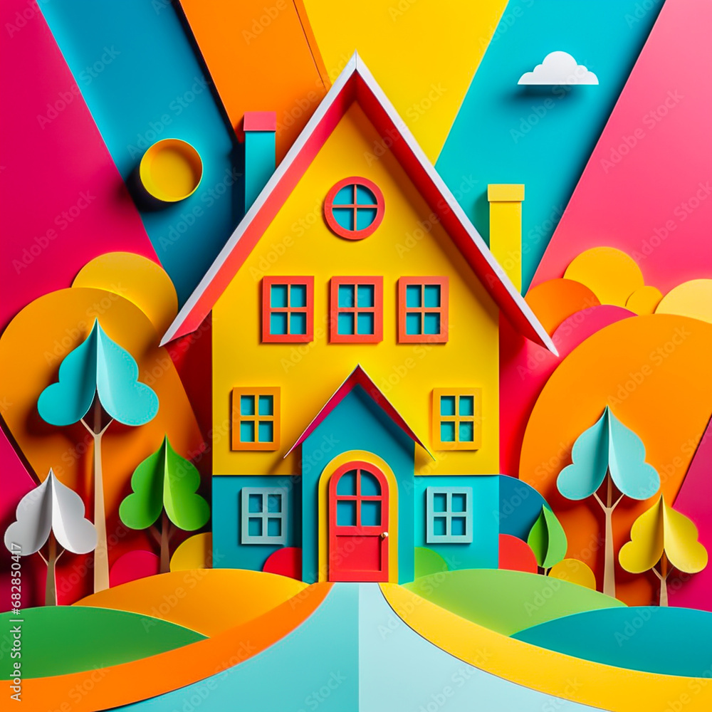 Paper art house illustration on the abstract background.