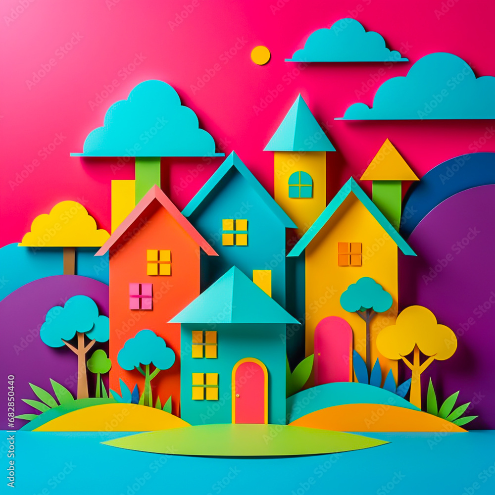 Paper art house illustration on the abstract background.