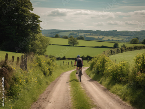 A cyclist riding a bike on a scenic route through the countryside