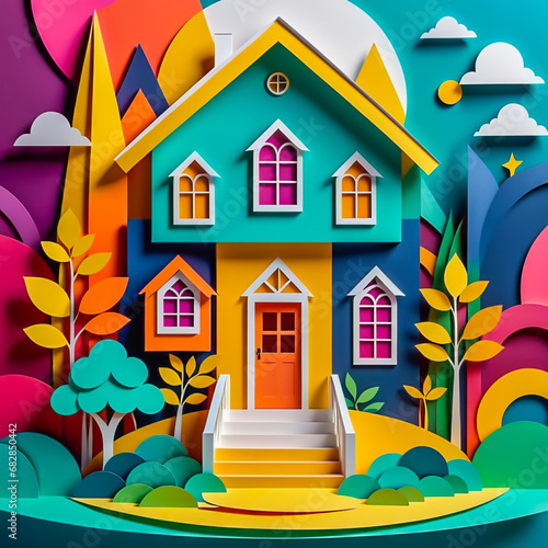 Paper art house illustration on the abstract background.