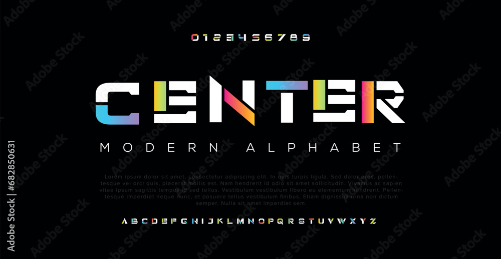 Center Modern abstract digital alphabet font. Minimal technology typography, Creative urban sport fashion futuristic font and with numbers. vector illustration - obrazy, fototapety, plakaty 