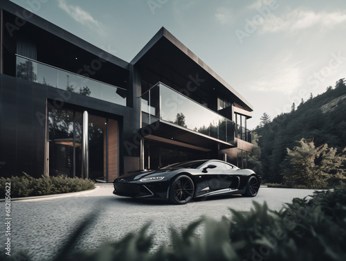 A high-end luxury car parked in front of a modern mansion with a scenic view © Noah