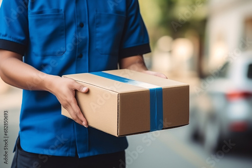 Delivery courier service. Delivery man in blue uniform holding a cardboard box delivering to door of customer home. A man postal delivery man delivering package. Home delivery concept. © Artinun