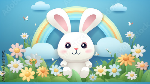 .Cute Easter bunny with rainbow.