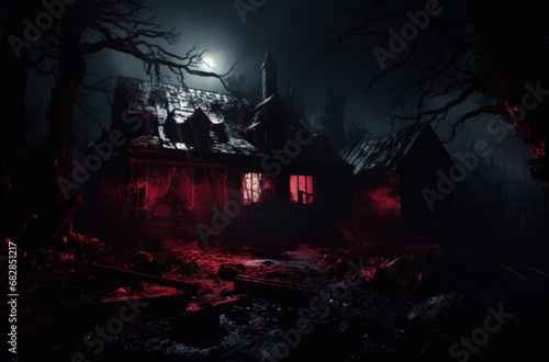 Old house with a Ghost in the forest at night or Abandoned Haunted Horror House in fog. Old mystic building in dead tree forest. Trees at night with moon. Surreal lights. Horror Halloween concept?