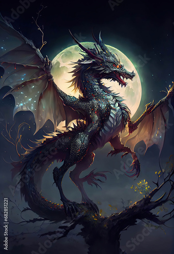 Ilustration of a mighty and powerful dragon with open wings on the tree at night, full moon background, Year of the Dragon, Generative AI