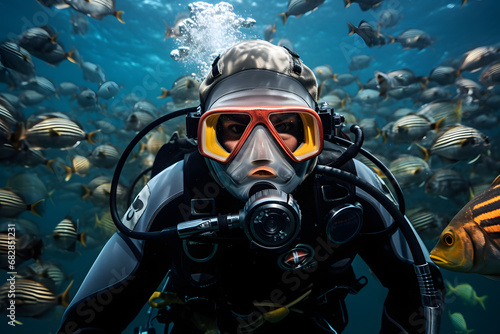 An Asian male scuba diver in the underwater diving while wearing proper suit and oxygen mask cover his mouth with stuff having bubbles in the water and there are some fishes at the background