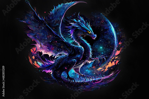 Ilustration of a dragon with open wings in the night sky on a black background, Year of the Dragon, Generative AI