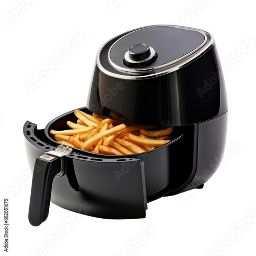 Black Air fryer cooking machine with french isolated on white