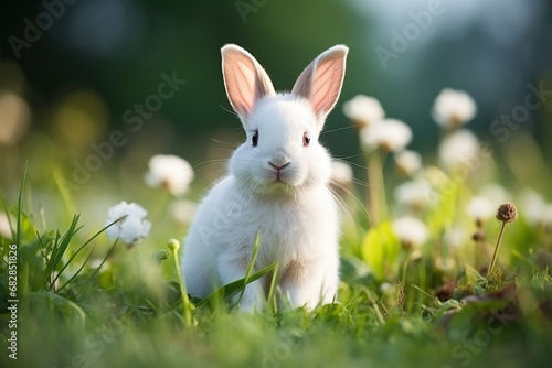Little white rabbit in green grass. Generative AI