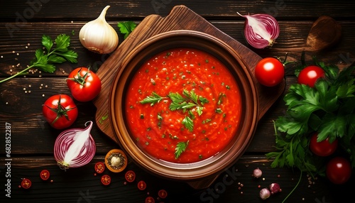 Traditional spanish gazpacho soup in bowl with ingredients on wooden table, Spanish cuisine food photo