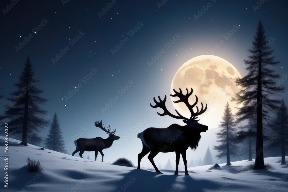 A reindeer in front of a full moon A reindeer in front of a full moon