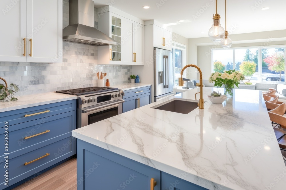 Interior of modern luxurious kitchen classic style. White and blue cabinets with gilded handles, kitchen island with white marble countertop, built-in home appliances, golden pendant lights. - obrazy, fototapety, plakaty 