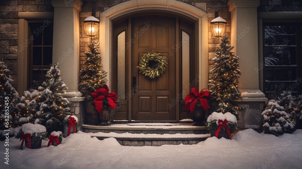 Generative AI, Front door with Christmas decoration, wreath and garland, muted colors, cottage rustic doorway 	
