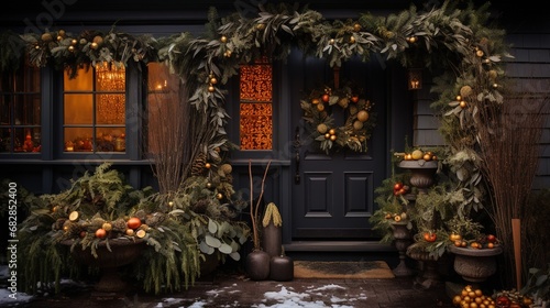 Generative AI  Front door with Christmas decoration  wreath and garland  muted colors  cottage rustic doorway   