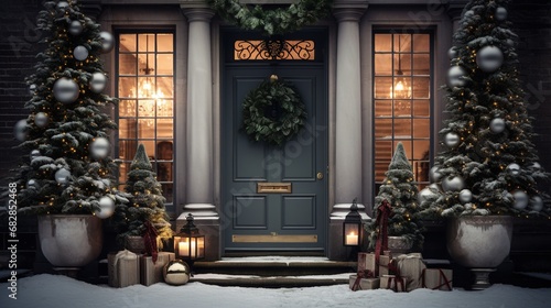 Foto Generative AI, Front door with Christmas decoration, wreath and garland, muted c