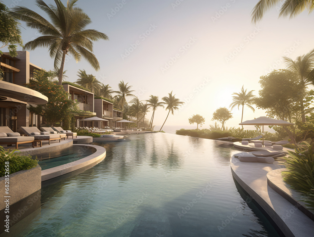 A luxury resort with infinity pools, palm trees, and exclusive amenities for guests
