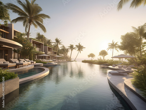 A luxury resort with infinity pools, palm trees, and exclusive amenities for guests