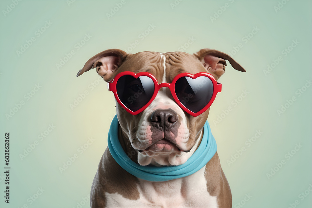 American Pit Bull Terrier dog, very funny cartoon illustration with red heart shape sunglasses on a blue pastel background, illustration, commercial advertisement, award winning pet magazine cover
