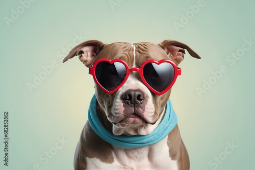 American Pit Bull Terrier dog, very funny cartoon illustration with red heart shape sunglasses on a blue pastel background, illustration, commercial advertisement, award winning pet magazine cover
 photo