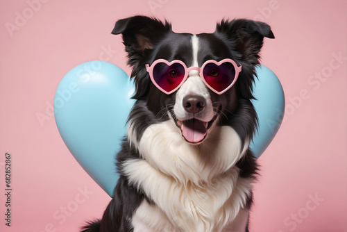 Border Collie dog in heart shape sunglasses, funny animal portrait © ArtistiKa