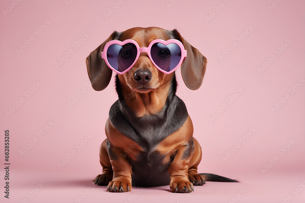 Dachshund cartoon illustration with pink heart shape sunglasses on a pink background, very funny illustration, commercial advertisement, award winning pet magazine cover
