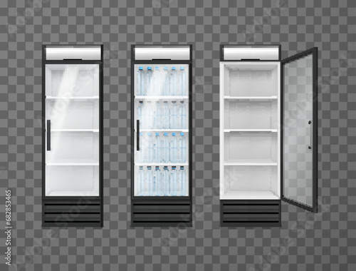 Commercial refrigerator display drinks fridges empty and plastic water bottle set realistic vector
