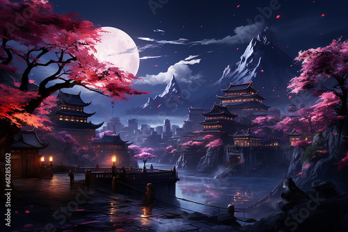 Fantasy Japanese night view city citycape, pink cherry sakura tree.