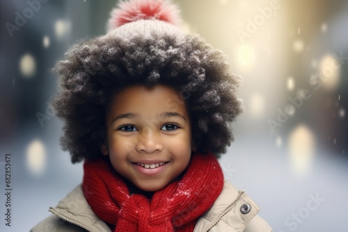 Portrait of a smiling boy of Afro American ethnicity celebrating Christmas wearing Santa hat