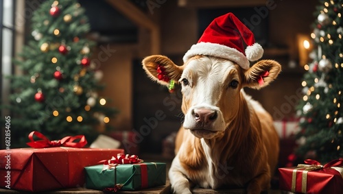 santa claus with gifts mammal, white, beef, livestock, nature, grass, rural, brown, bull, dairy, christmas, milk, field, bovine, cows, farming, face, green, pasture