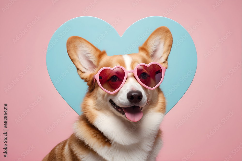 Corgi dog in heart shape pink sunglasses, funny animal portrait, blue heart, pink background