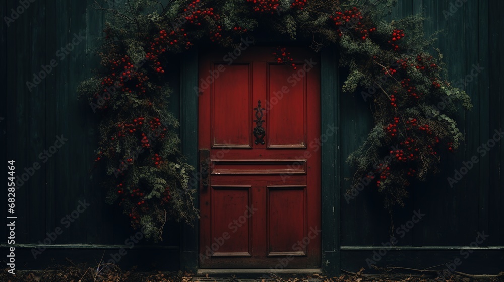 Generative AI, Front door with Christmas decoration, wreath and garland, muted colors, cottage rustic doorway .. Generative AI, Front door with Christmas decoration, wreath and garland, muted colors, cottage rustic doorway ..