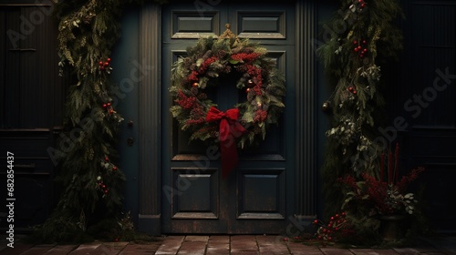 Generative AI, Front door with Christmas decoration, wreath and garland, muted colors, cottage rustic doorway .. © DELstudio