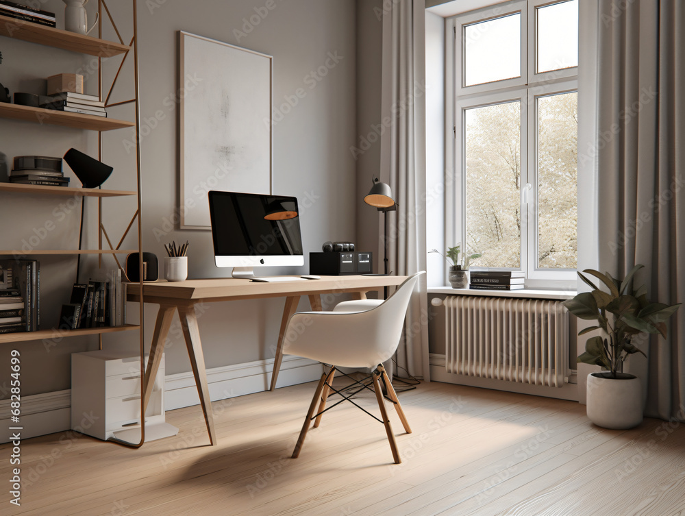 A stylish home workspace with modern furniture and minimalist design for remote work A stylish home workspace with modern furniture and minimalist design for remote work