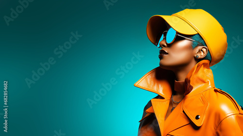 a modern african american woman with futuristic sunglasses and cool jacket
