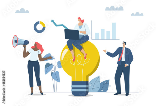 Creativity and inspiration lead to successful teamwork, Ideas about innovation and how to create opportunities for companies to grow and prosper, Team of businessmen working with big idea light bulb.