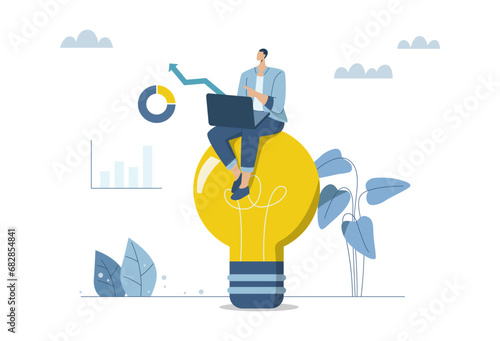 Creativity and inspiration lead to success in work, Ideas about innovation and how to create opportunities for companies to grow and prosper, Businessman sitting and working on a big light bulb.