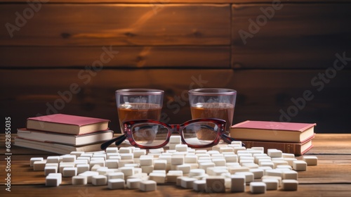 Wooden Tile Antiepileptic Drugs with Glasses and Book on Table photo