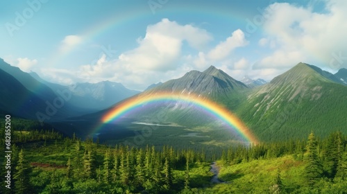 Vibrant Alaskan Rainbow Over Lush Green Mountain Landscape