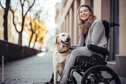 beautiful woman in wheelchair sitting on sidewalk with his golden retriever dog © IronStl