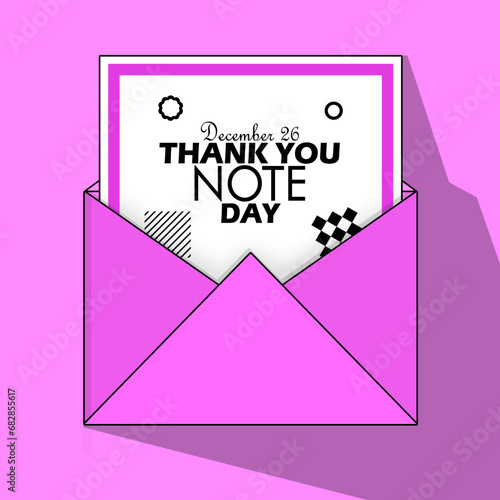 National Thank You Note Day event banner. A pink envelope containing a note with bold text on pink background to celebrate on December 26