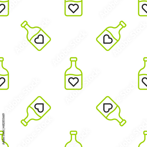 Line Bottle with love potion icon isolated seamless pattern on white background. Happy Valentines day. Vector