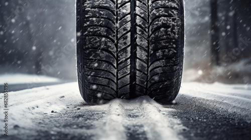 snowy road and winter tires close-up for safe mountain travel © sunanta