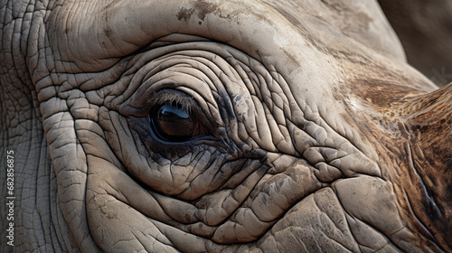 A close up photo of an endangered white rhino rhinoceros face,horn and eye. generative ai photo