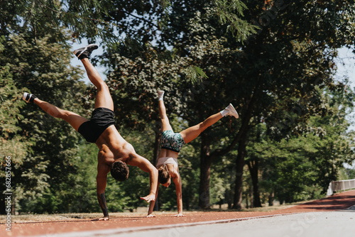 Fit sports duo in a park exudes vitality while practicing outdoor training. They perform confident cartwheels, showcasing athleticism and dedication to better body shape.