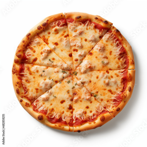 Top view of cheesy pizza isolated on white background. Photo for restaurant menu, advertising, delivery, banner