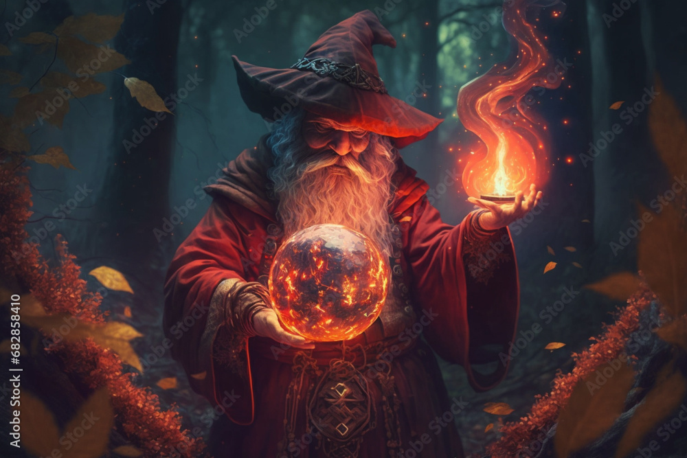 Enter a enchanting realm of a wizard, adorned with a hat, making mesmerizing spells using a captivating globe of fire. Ai generated Enter a enchanting realm of a wizard, adorned with a hat, making mesmerizing spells using a captivating globe of fire. Ai generated