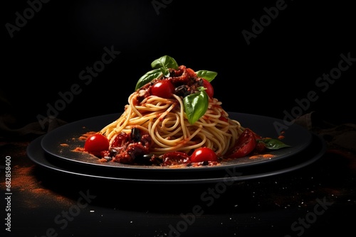 Dark plate with italian spaghetti on dark, generative ai
