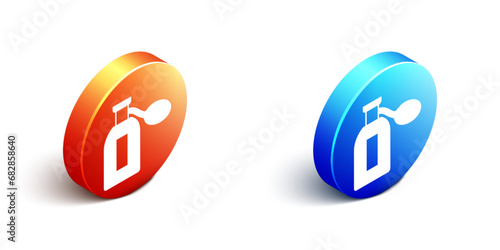 Isometric Perfume icon isolated on white background. Orange and blue circle button. Vector
