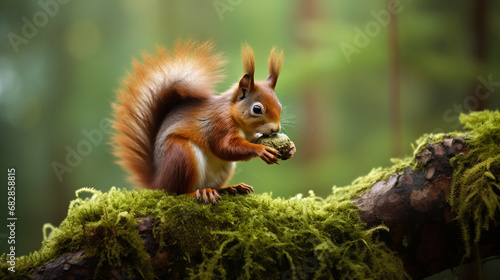 A red squirrel eating a nut on a moss trunk. generative ai © Witri